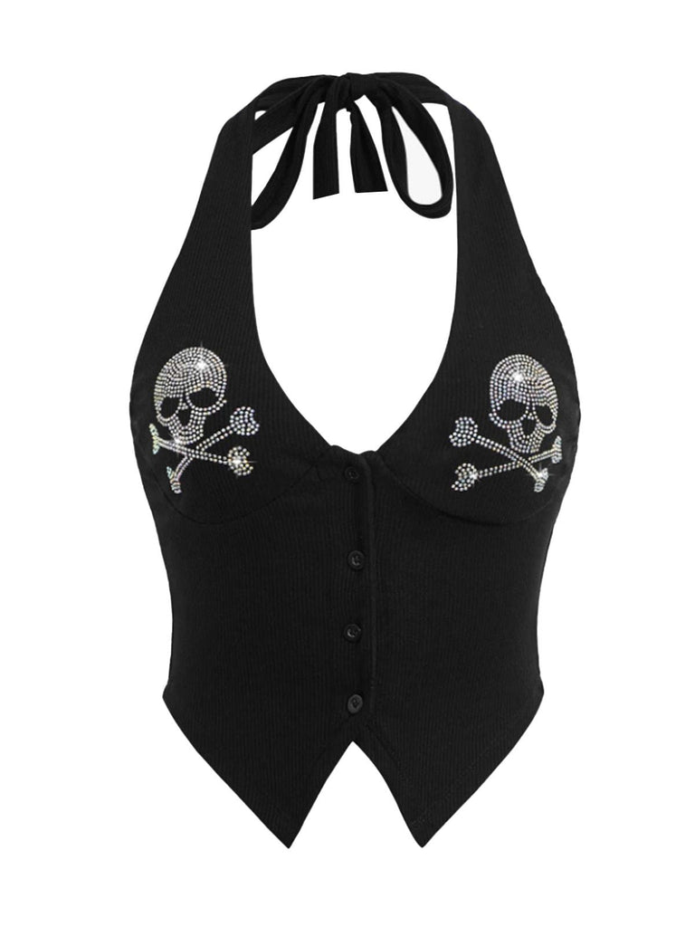 Top corto punk teschio e strass con bottoni nero anni '50