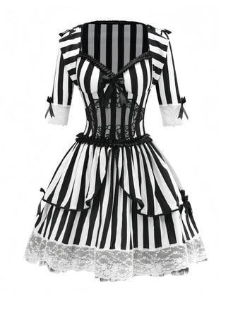 Abito a righe patchwork in pizzo bianco e nero anni '70