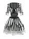 Abito a righe patchwork in pizzo bianco e nero anni '70