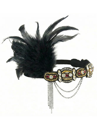 Cerchietto flapper con piume e cristalli Gatsby anni '20