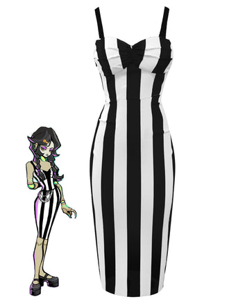 Abito a tubino a righe verticali spalline nero anni '60