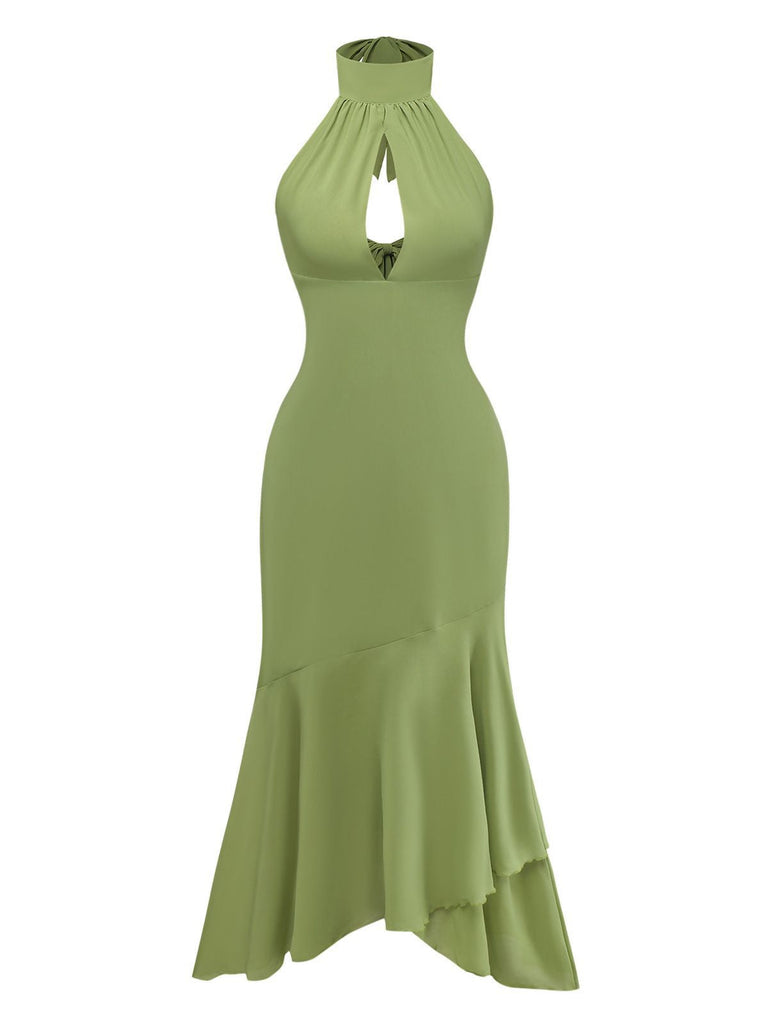 Abito midi verde anni '30 in chiffon con schiena scoperta