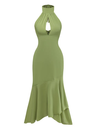 Abito midi verde anni '30 in chiffon con schiena scoperta