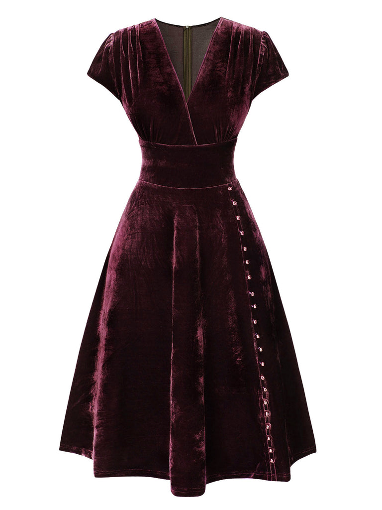 Abito in velluto perla scollo a V profondo verde anni '40