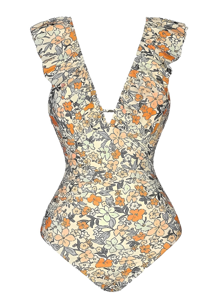 Costumi intero floreale con volant e schiena scoperta anni '50