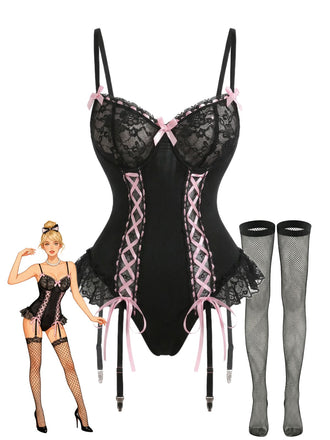 [Prevendita] Completo intimo con corsetto in pizzo e calze a rete nero anni '60