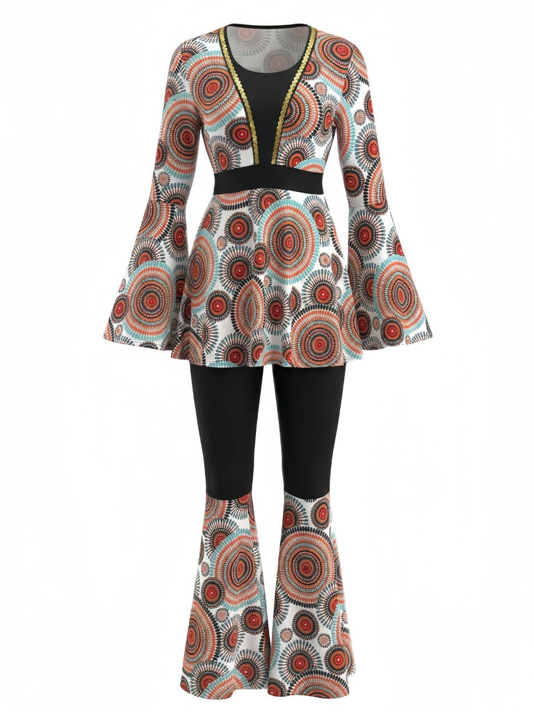 2PCS Top hippie con maniche a campana e pantaloni svasati anni '70