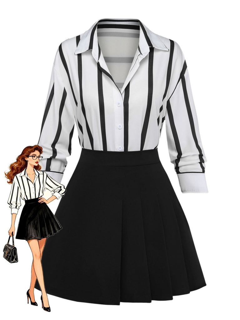 2PCS Gonna Nero Anni '60 a Righe Camicia e Asymmetric Plissettato