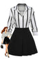 2PCS Camicia a Righe e Gonna Asymmetric Plissettato Nero Anni '60