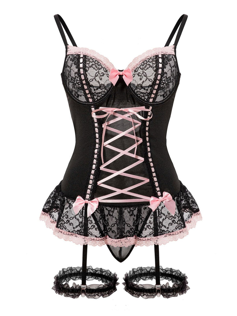 Completo intimo con lacci e fiocco in pizzo a contrasto anni '70