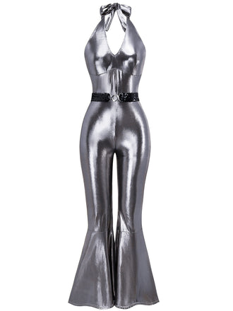 Tuta lunga in stile discoteca metallizzato cintura argento anni '70