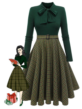 Abito in maglia plaid verde scuro anni '50