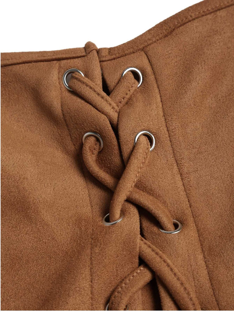 Top corsetto in pizzo scamosciato con lacci marrone anni '50