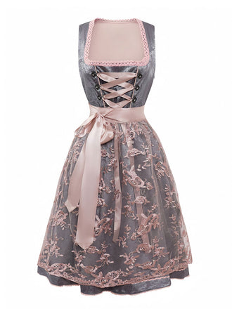 2PCS Abito jacquard floreale e grembiule ricamato rosa anni '50