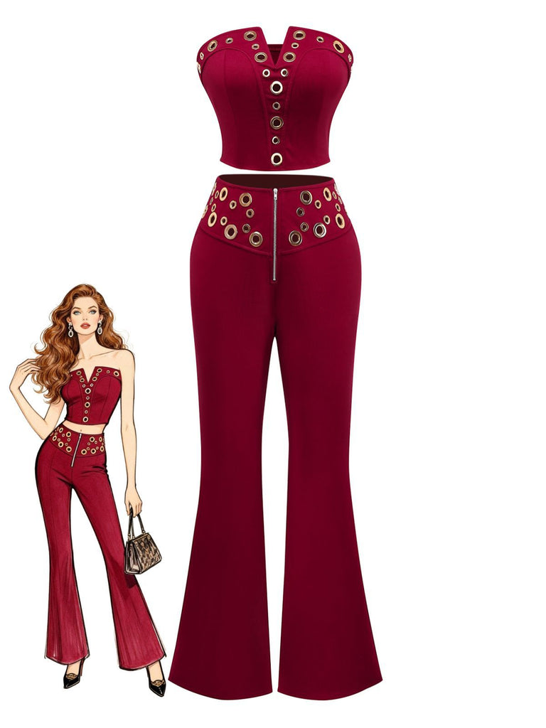 2PCS Top punk senza spalline con fibbia in metallo e pantaloni anni '70