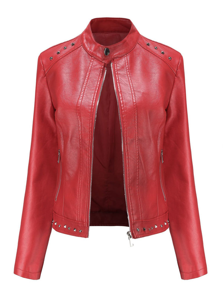 Giacca in pelle con collo alto e borchie anni '40