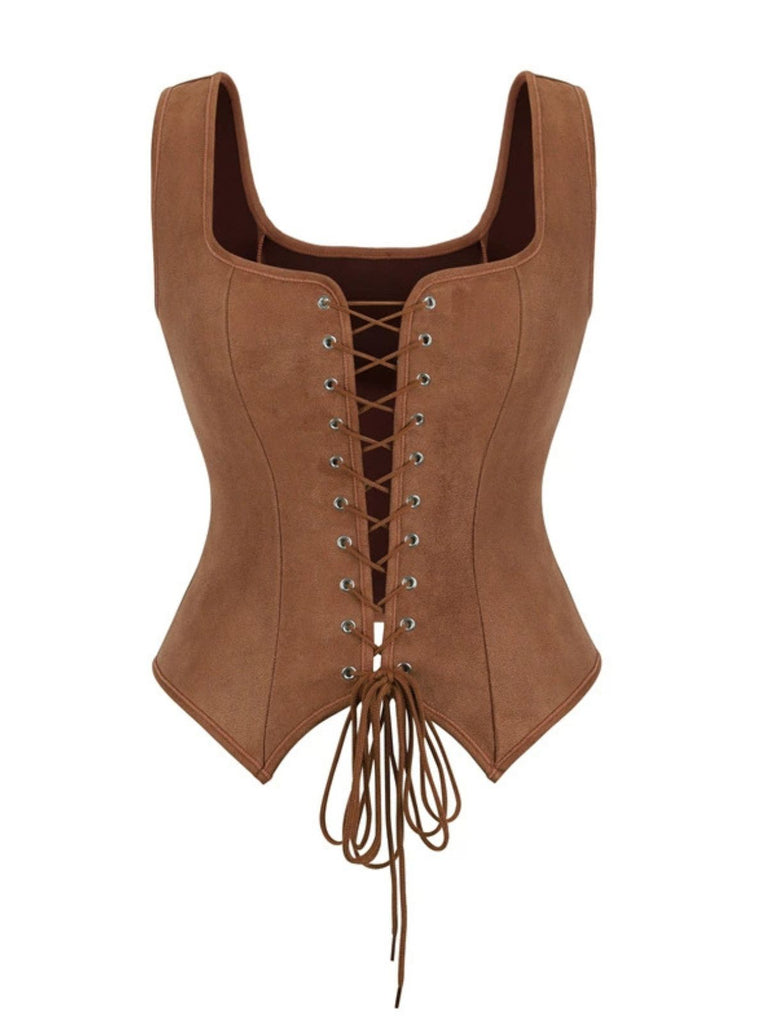 Gilet corsetto in pelle scamosciata con lacci marrone anni '50