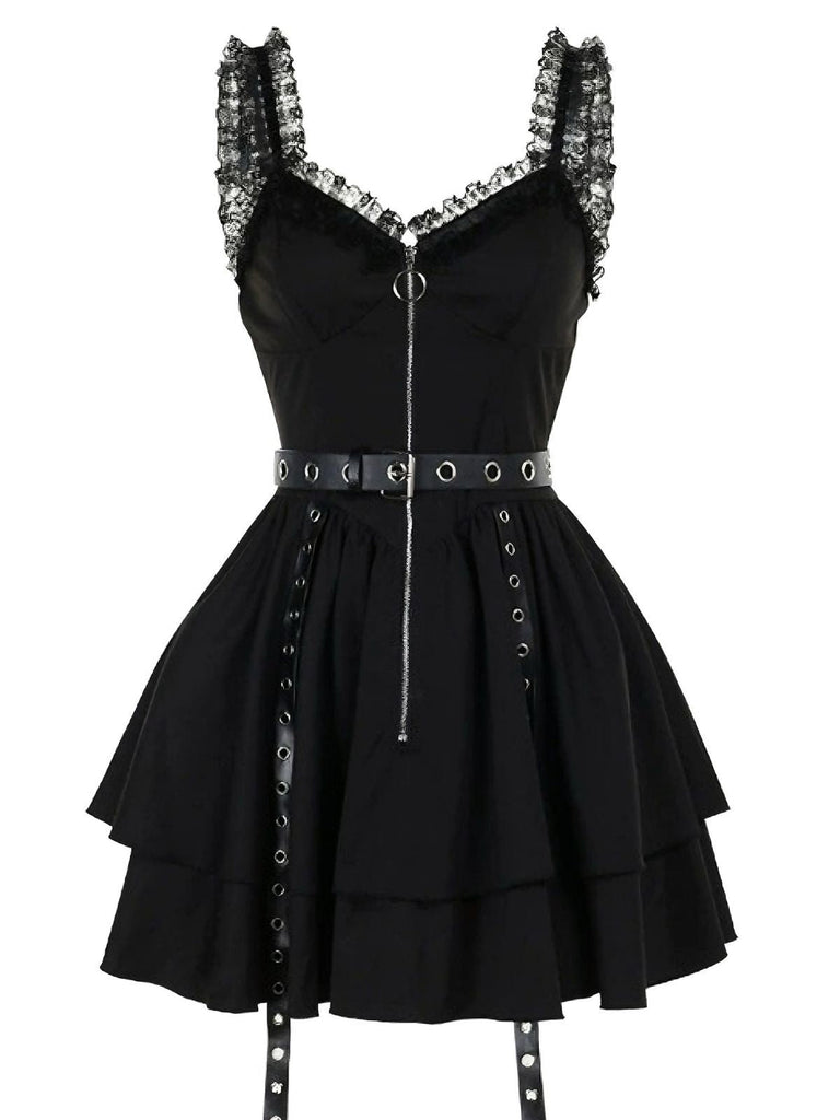 Abito punk metal patchwork con cintura nero anni '80