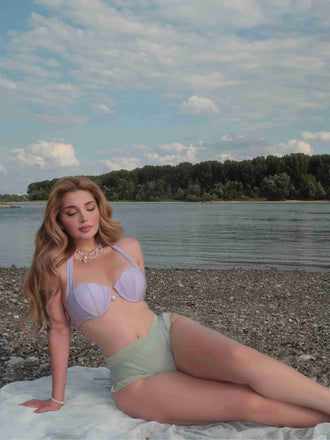 Bikini sirena conchiglia scollo all'americana lavanda anni '70