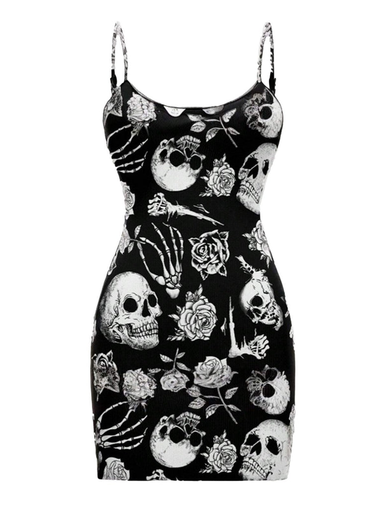 Abito aderente con teschio e rosa Halloween nero anni '60