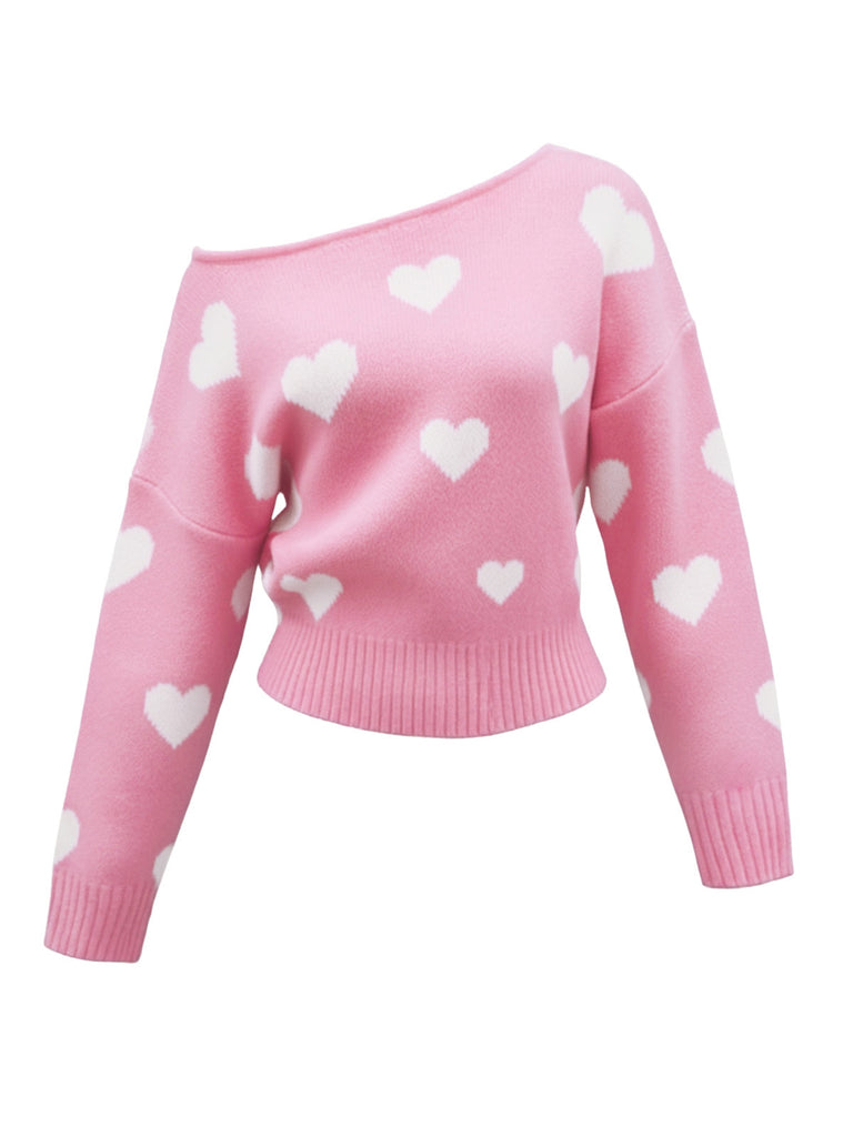 Maglione asimmetrico con spalle scoperte e cuore rosa anni '70