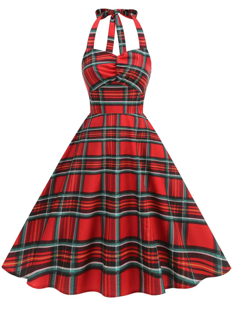 Abito a quadri con scollo all'americana natalizio rosso anni '50