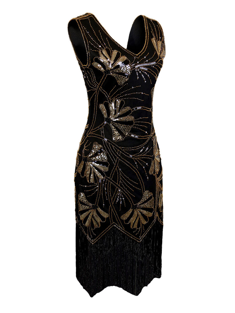 Abito flapper con scollo a V e perline e paillettes anni '20