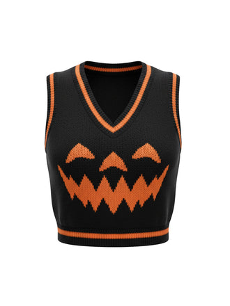Gilet con faccia di zucca Halloween nero anni '70