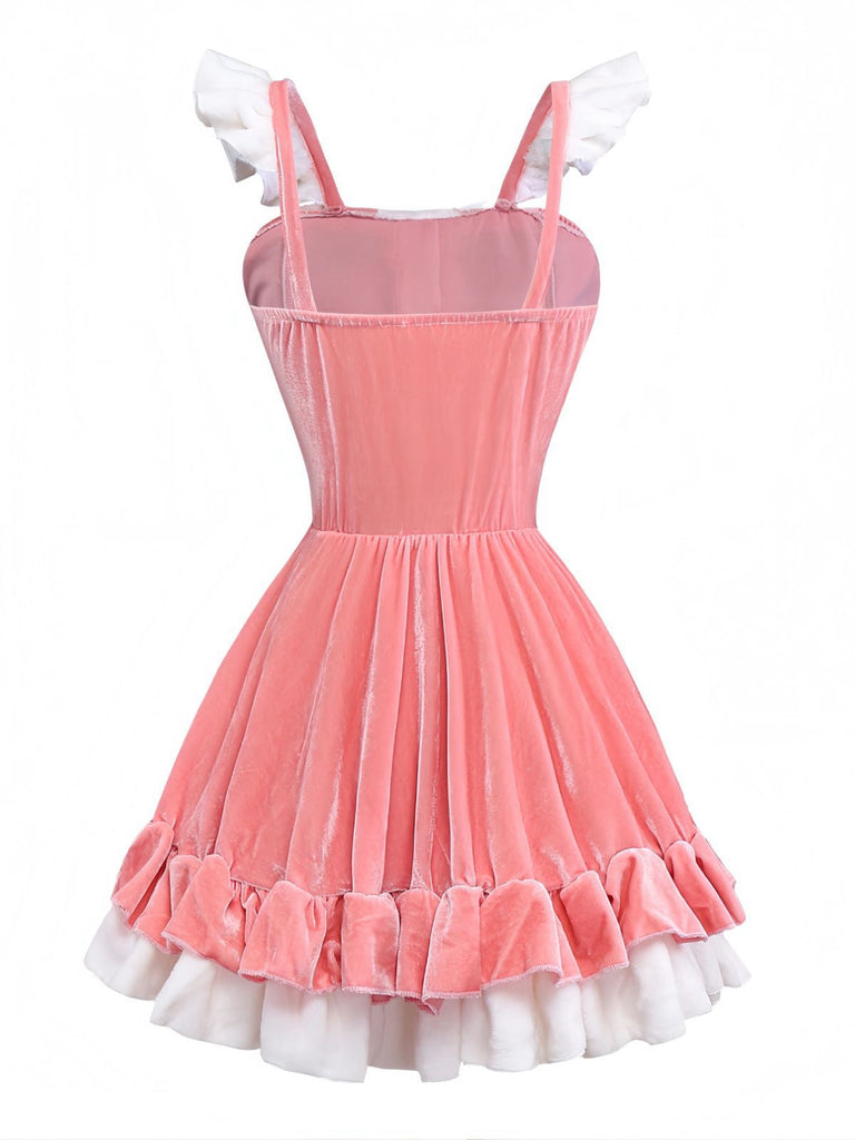 Completo abito da coniglietta con volant in velluto rosa anni '70