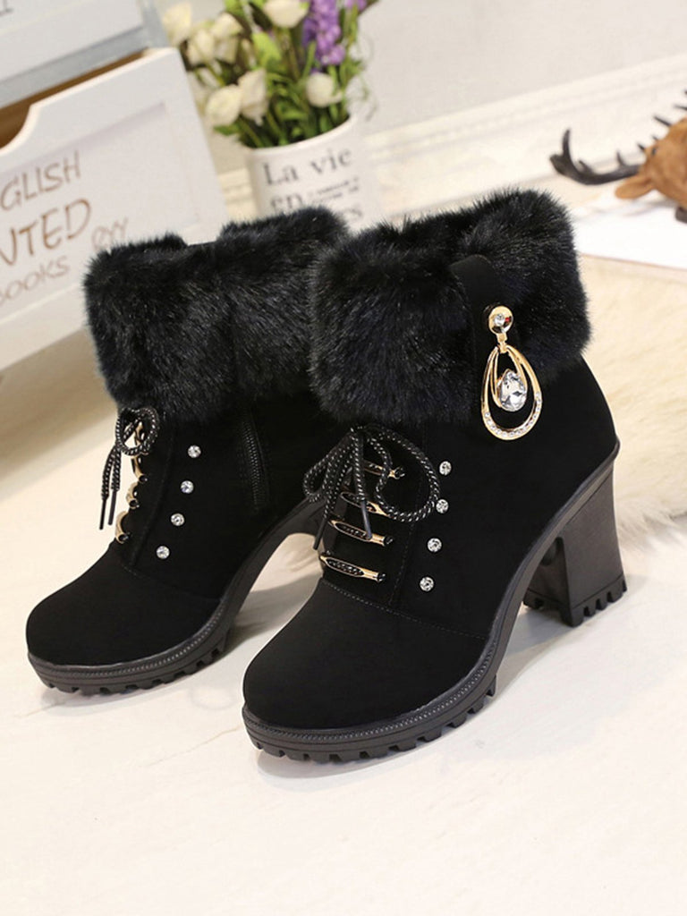 Stivali vintage in pelle nabuk con tacco spesso e peluche