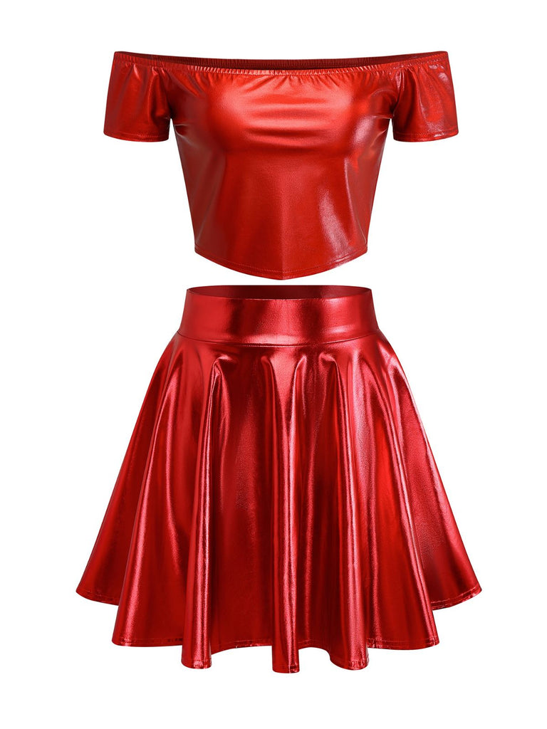 2PCS Top disco metallizzato con spalle scoperte e gonna anni '70