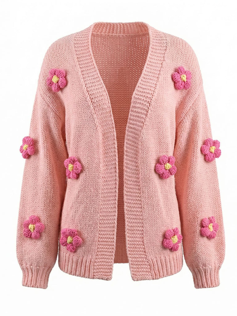 Cardigan a maglia con fiori 3D e maniche lunghe anni '30