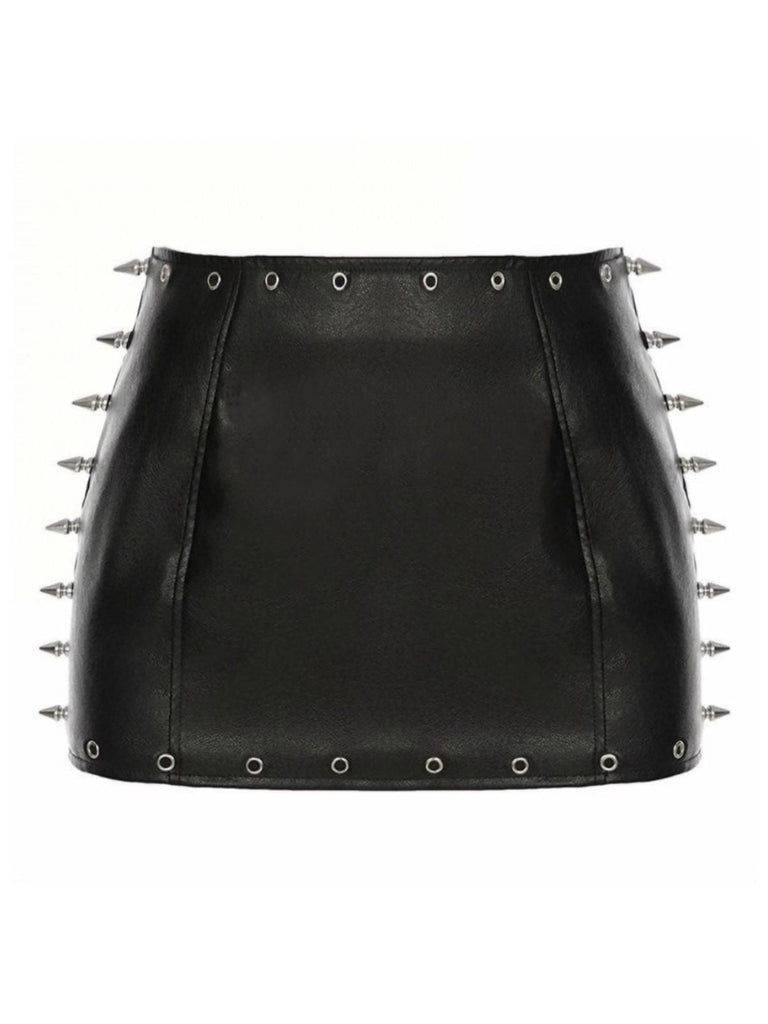 Minigonna gotico punk in pelle con punte nero anni '70
