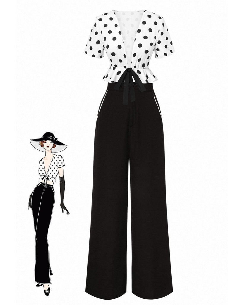 2PCS Top a pois e pantaloni a gamba dritta anni '50