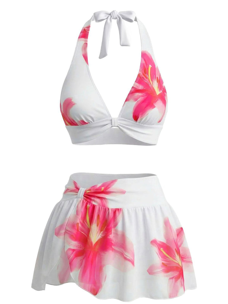 Bikini bianco anni '30 floreale di gigli con scollo all'americana in rete
