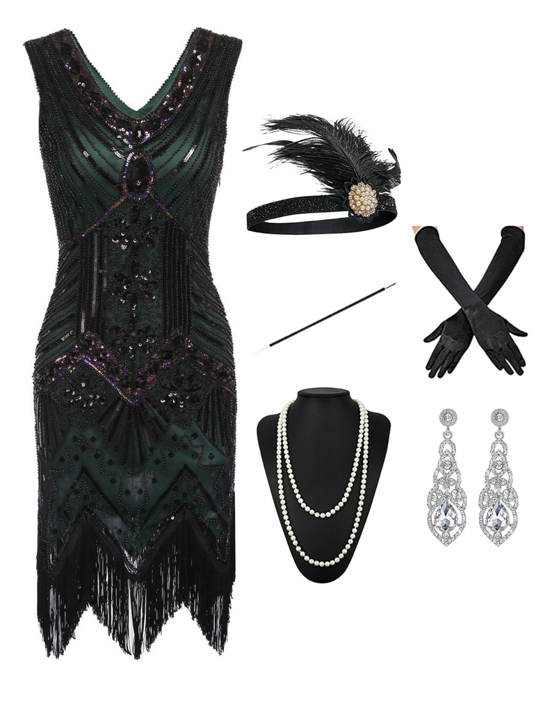 Abito flapper con paillettes e 5 accessori verde scuro anni '20