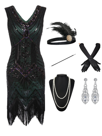 Abito flapper con paillettes e 5 accessori verde scuro anni '20