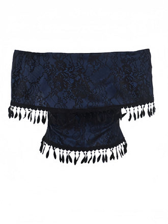 Top in pizzo con spalle scoperte e nappe Halloween blu anni '30