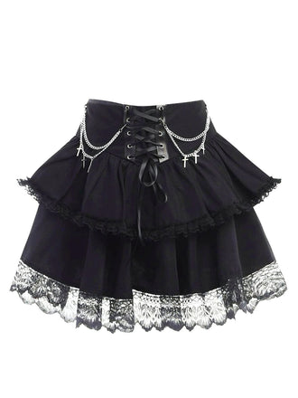 Gonna a strati gotico in pizzo con croce a catena nero anni '80