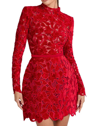 Abito a collo alto in pizzo floreale floccato anni '60