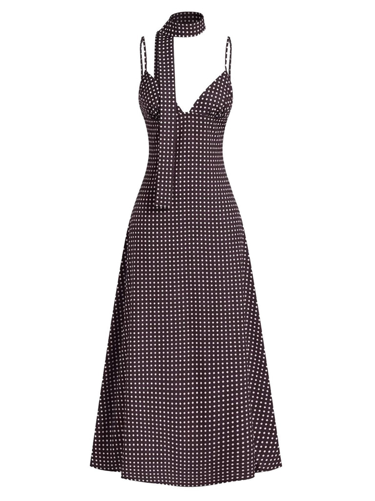 Abito a pois con scollo a V e spalline sottili marrone anni '80