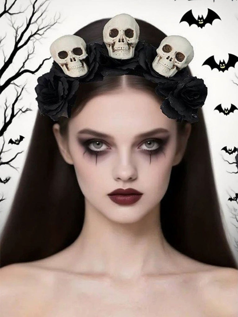 Cerchietto con rose e teschio di Halloween nero