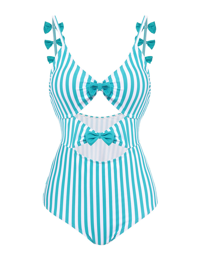 Costumi intero a righe fiocco cava spalline sottili blu anni '60