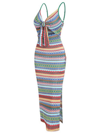 Abito boho a righe con lacci colorate anni '70