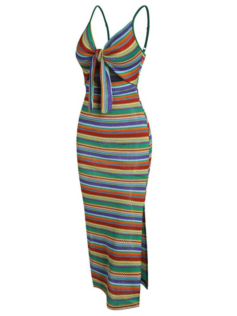 Abito boho a righe con lacci colorate anni '70