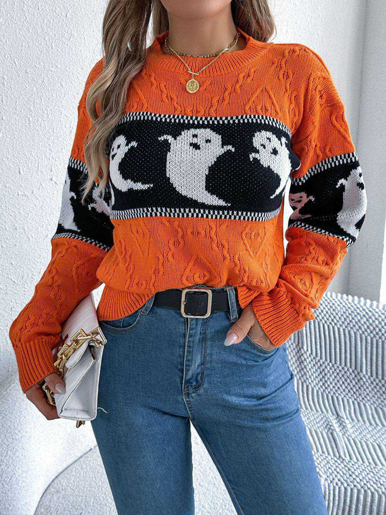 Maglione in maglia con fantasma Halloween arancione anni '40