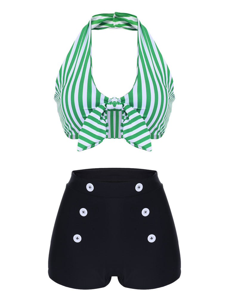 Bikini con ferretto fiocco a righe retrò verde anni '50