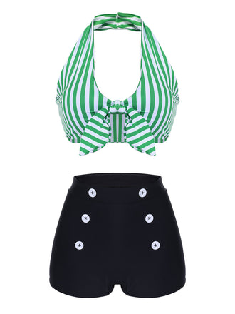 Bikini con ferretto fiocco a righe retrò verde anni '50