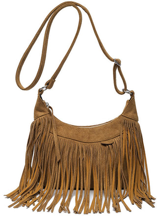 Borsa boho con frange a tracolla in pelle scamosciata