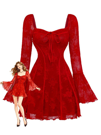 Abito floreale in maglia con maniche a campana e fiocco rosso anni '60